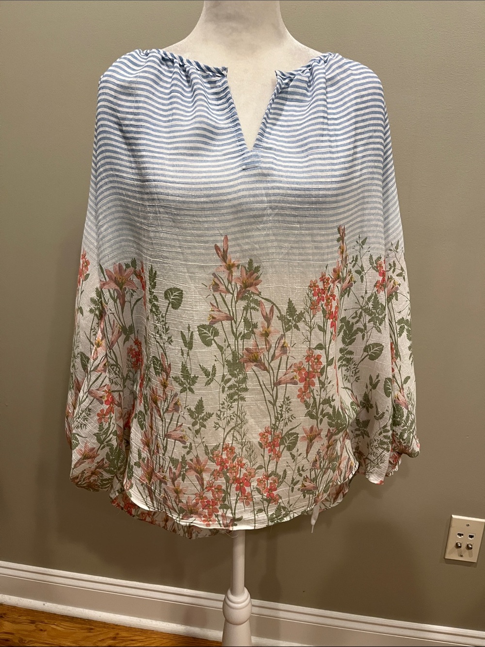 Zac & Rachel Lightweight V-Neck Striped Floral Blouse